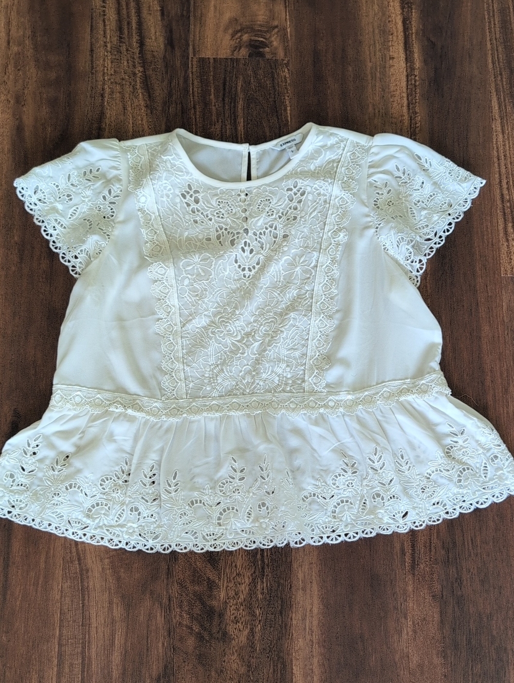 Express White Embroidered Floral Peplum Blouse